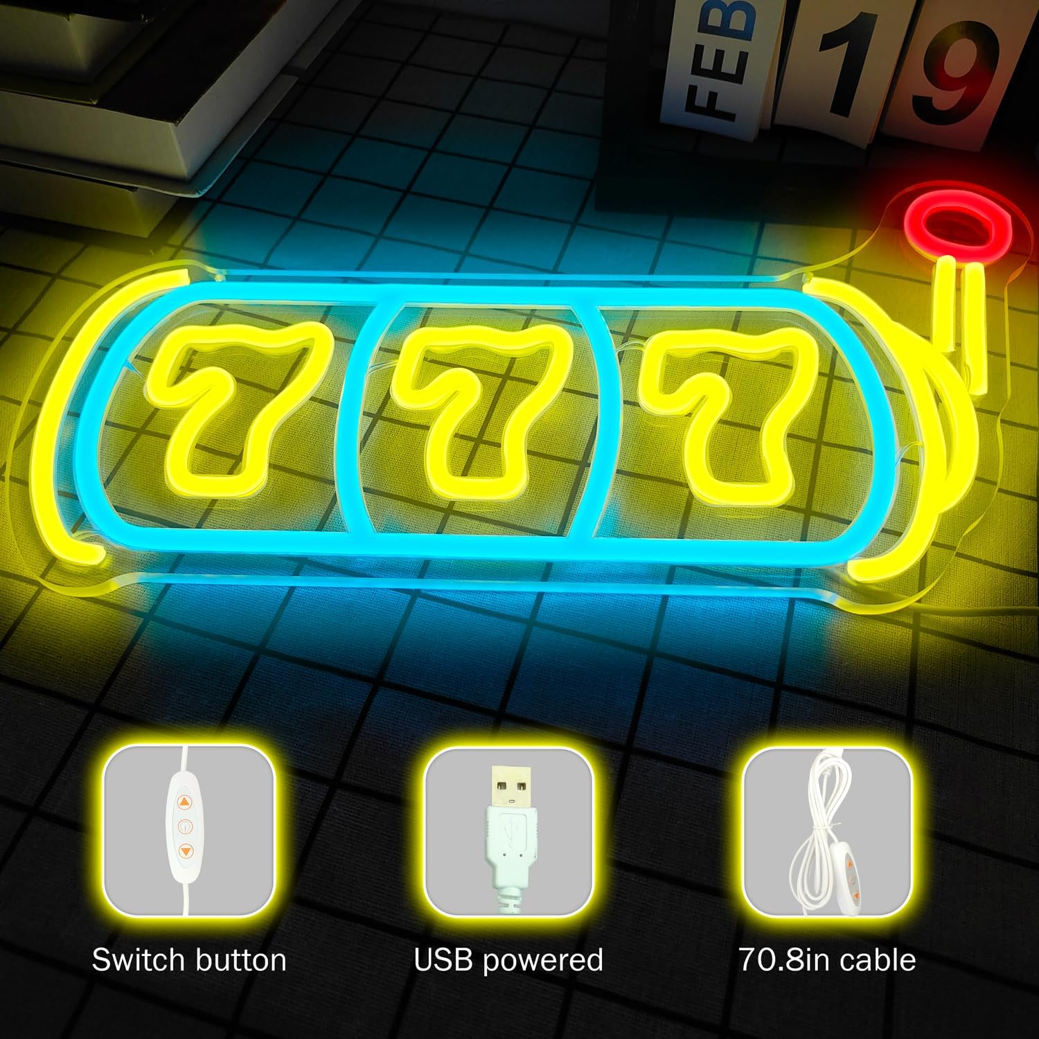 LED neon sign shaped like a slot machine with triple 7s, perfect for game rooms, casinos, and bar wall decor