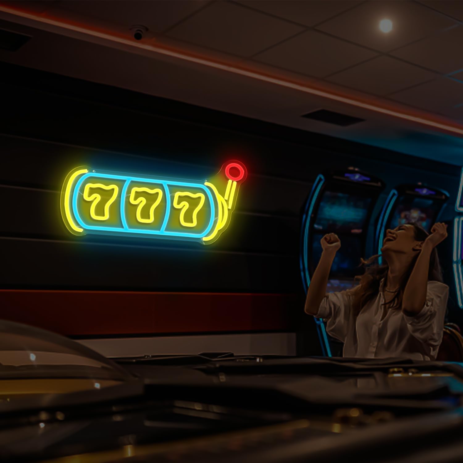 LED neon sign shaped like a slot machine with triple 7s, perfect for game rooms, casinos, and bar wall decor