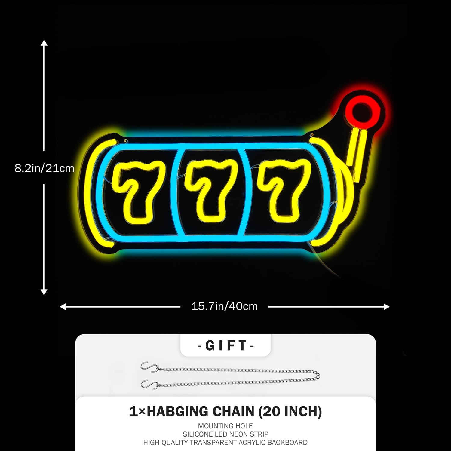 LED neon sign shaped like a slot machine with triple 7s, perfect for game rooms, casinos, and bar wall decor