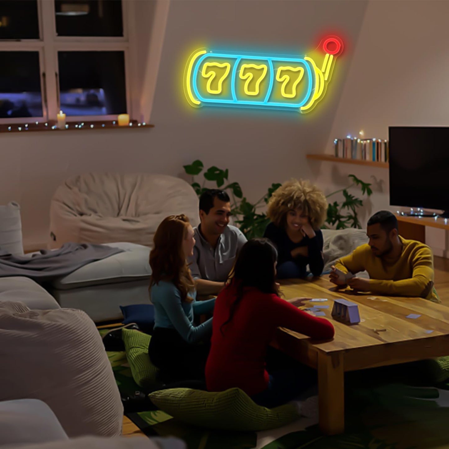 LED neon sign shaped like a slot machine with triple 7s, perfect for game rooms, casinos, and bar wall decor