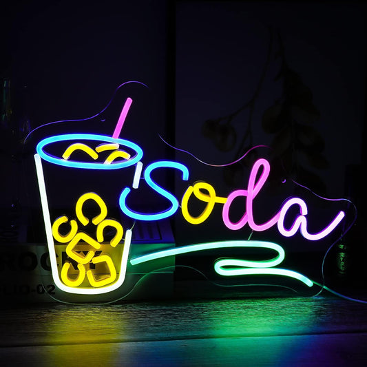 Soda neon sign with cup and straw icon, colorful LED wall light

