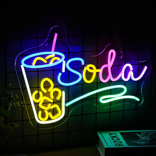 Soda neon sign with cup and straw icon, colorful LED wall light

