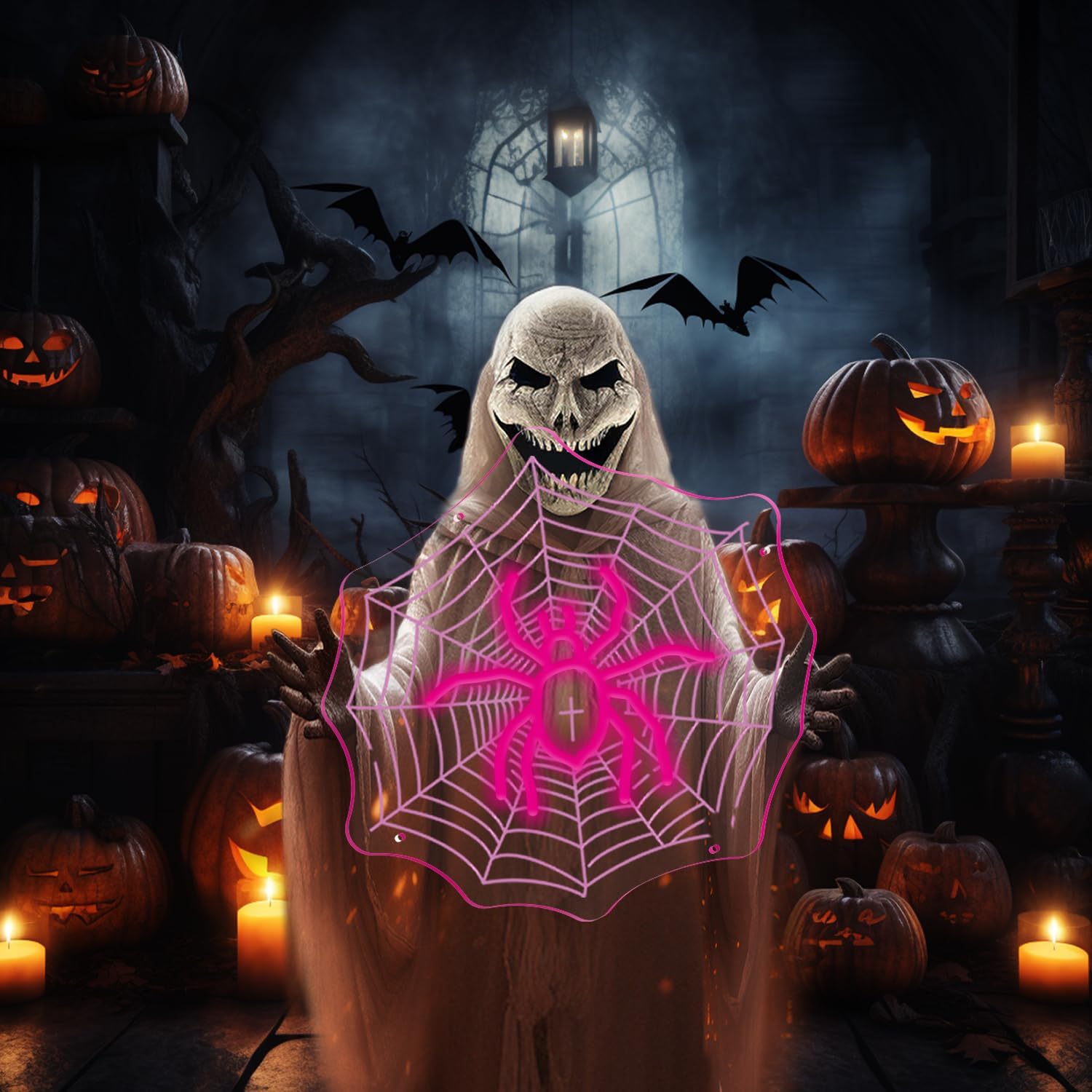 Neon sign of a spider sitting in the center of a spiderweb with UV-printed detail, gothic and Halloween-themed room decor