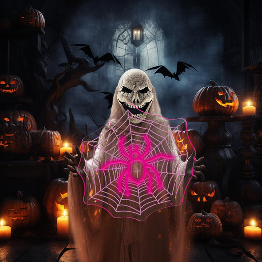 Neon sign of a spider sitting in the center of a spiderweb with UV-printed detail, gothic and Halloween-themed room decor