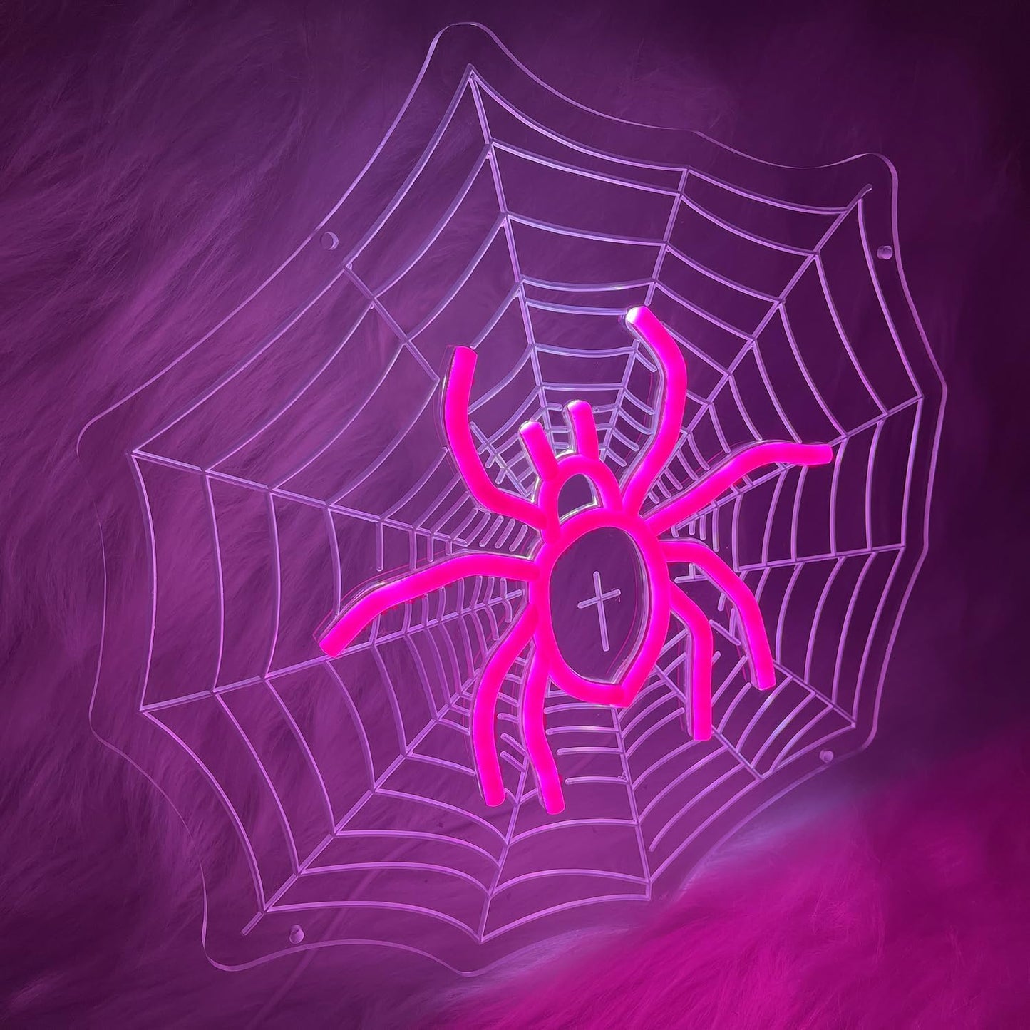 Neon sign of a spider sitting in the center of a spiderweb with UV-printed detail, gothic and Halloween-themed room decor