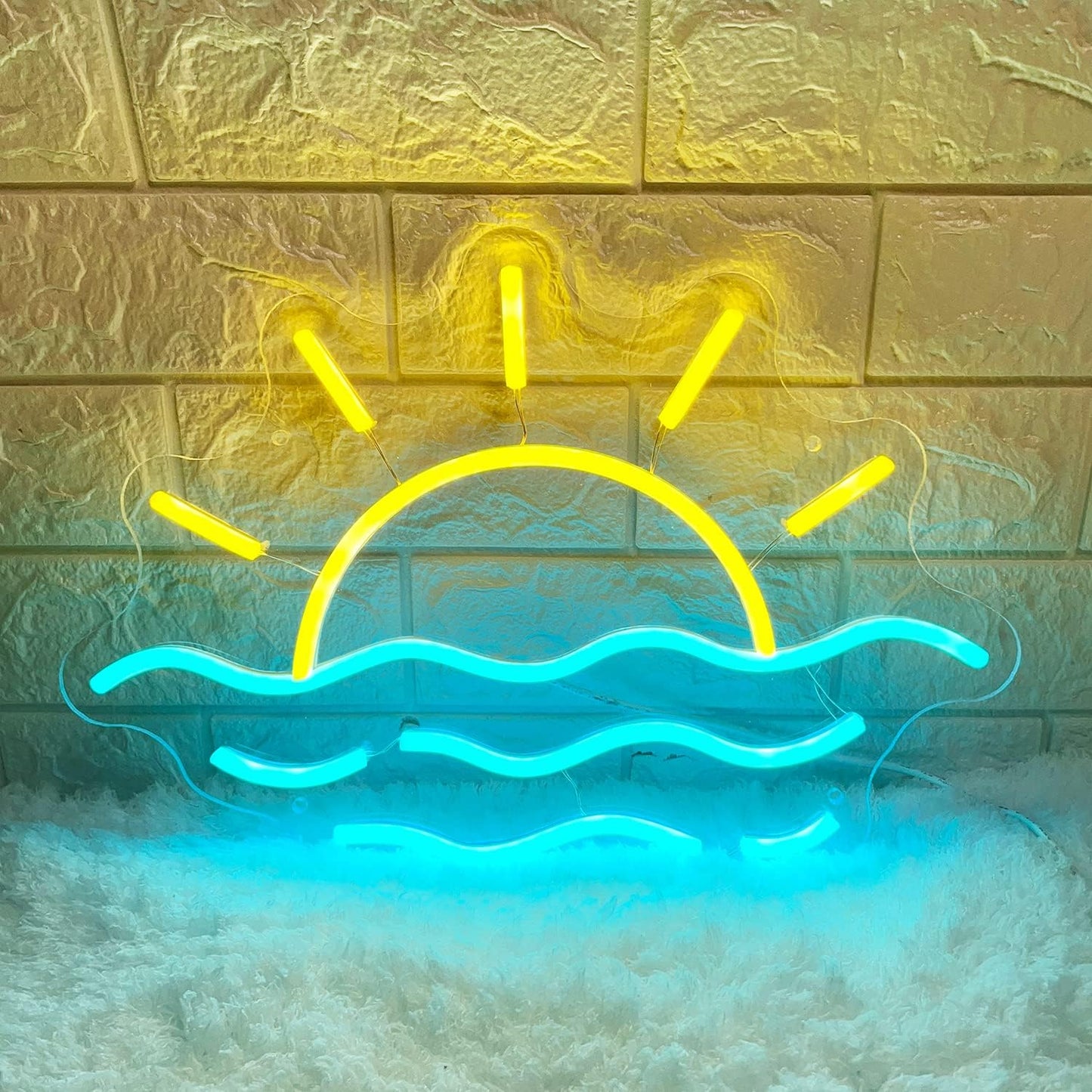 LED neon sign of a sunrise or sunset over the ocean, glowing wall decor
