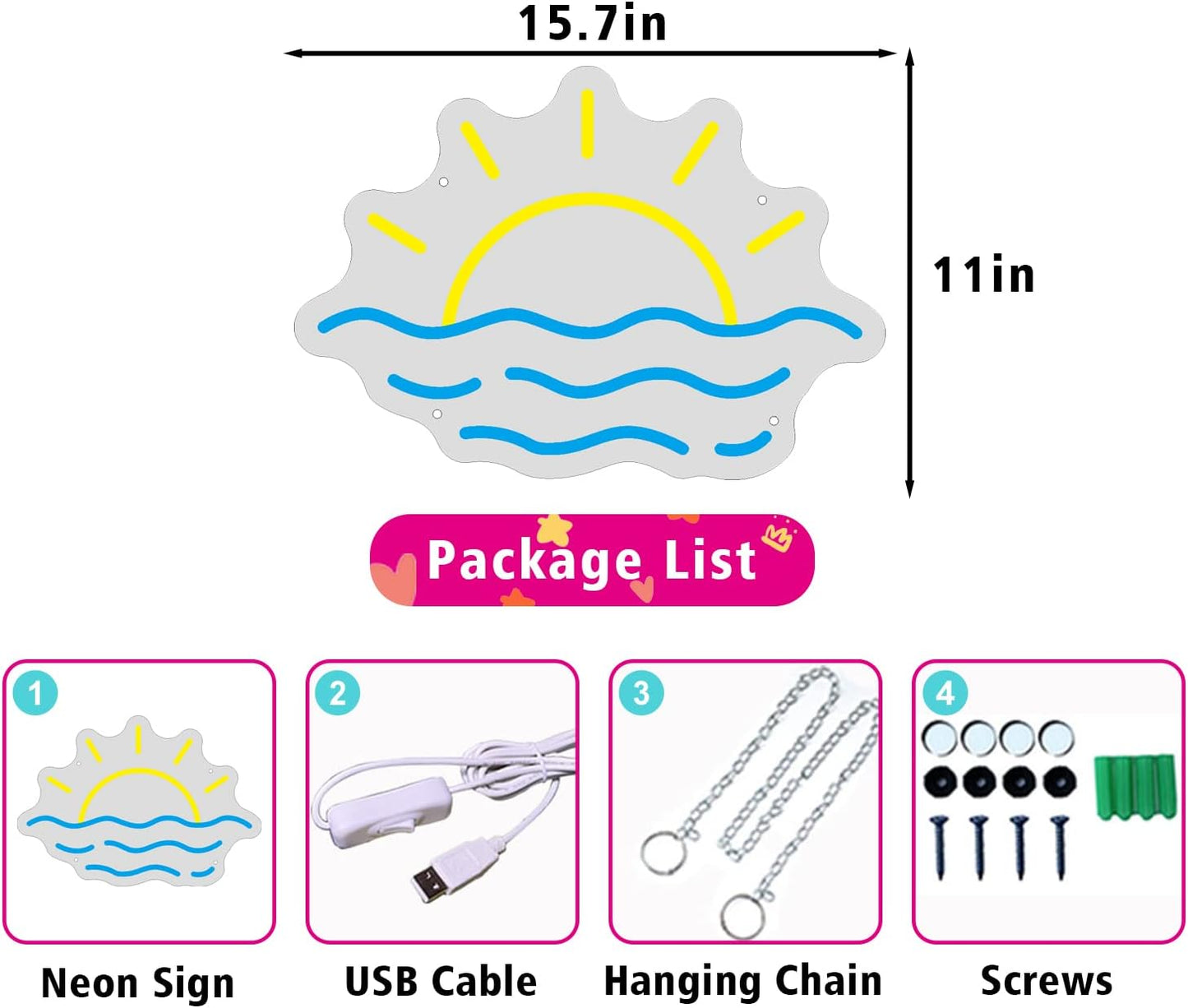 LED neon sign of a sunrise or sunset over the ocean, glowing wall decor