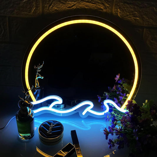Sunset and wave neon sign mirror with yellow and blue LED lights, decorative vanity mirror for modern home decor