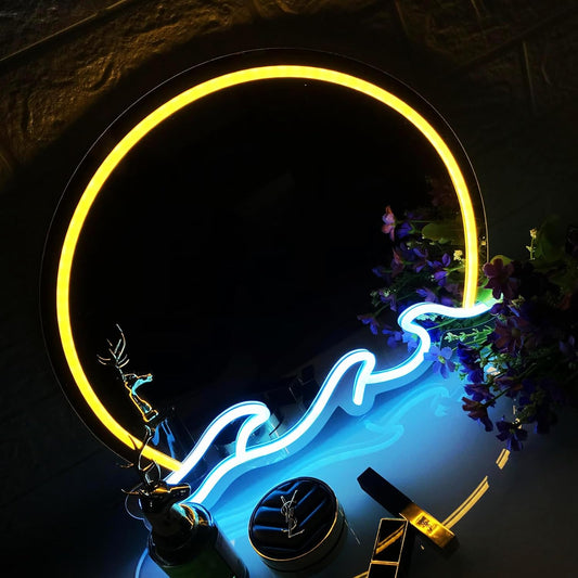 Sunset and wave neon sign mirror with yellow and blue LED lights, decorative vanity mirror for modern home decor