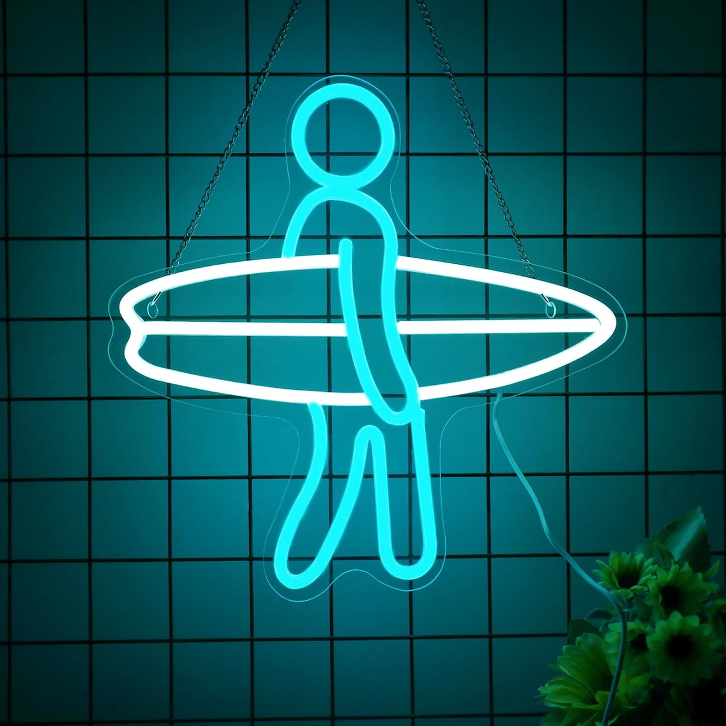 LED neon sign of a surfer holding a surfboard, glowing wall decor for beach lovers and surf-themed rooms
