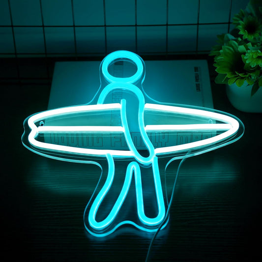 LED neon sign of a surfer holding a surfboard, glowing wall decor for beach lovers and surf-themed rooms
