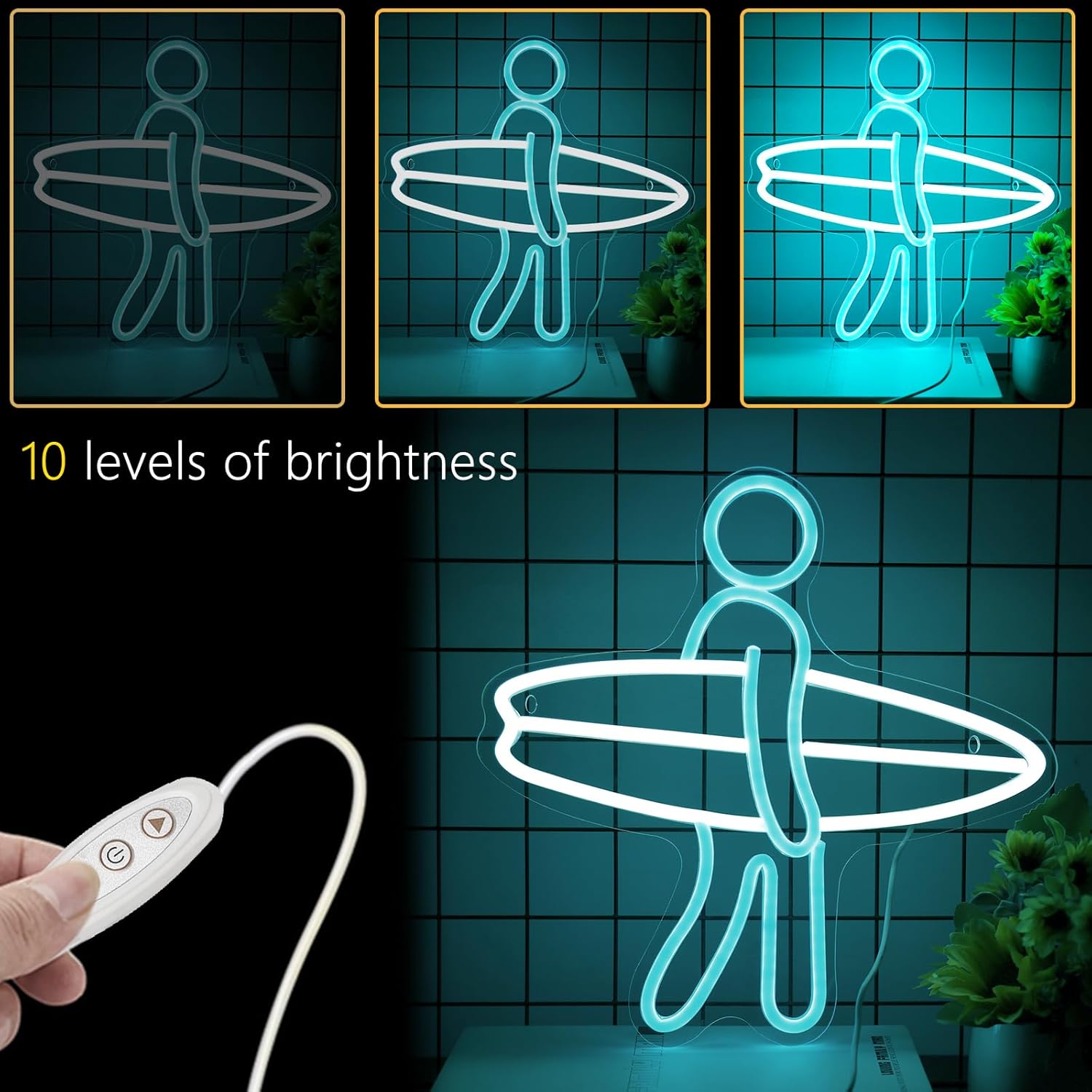 LED neon sign of a surfer holding a surfboard, glowing wall decor for beach lovers and surf-themed rooms
