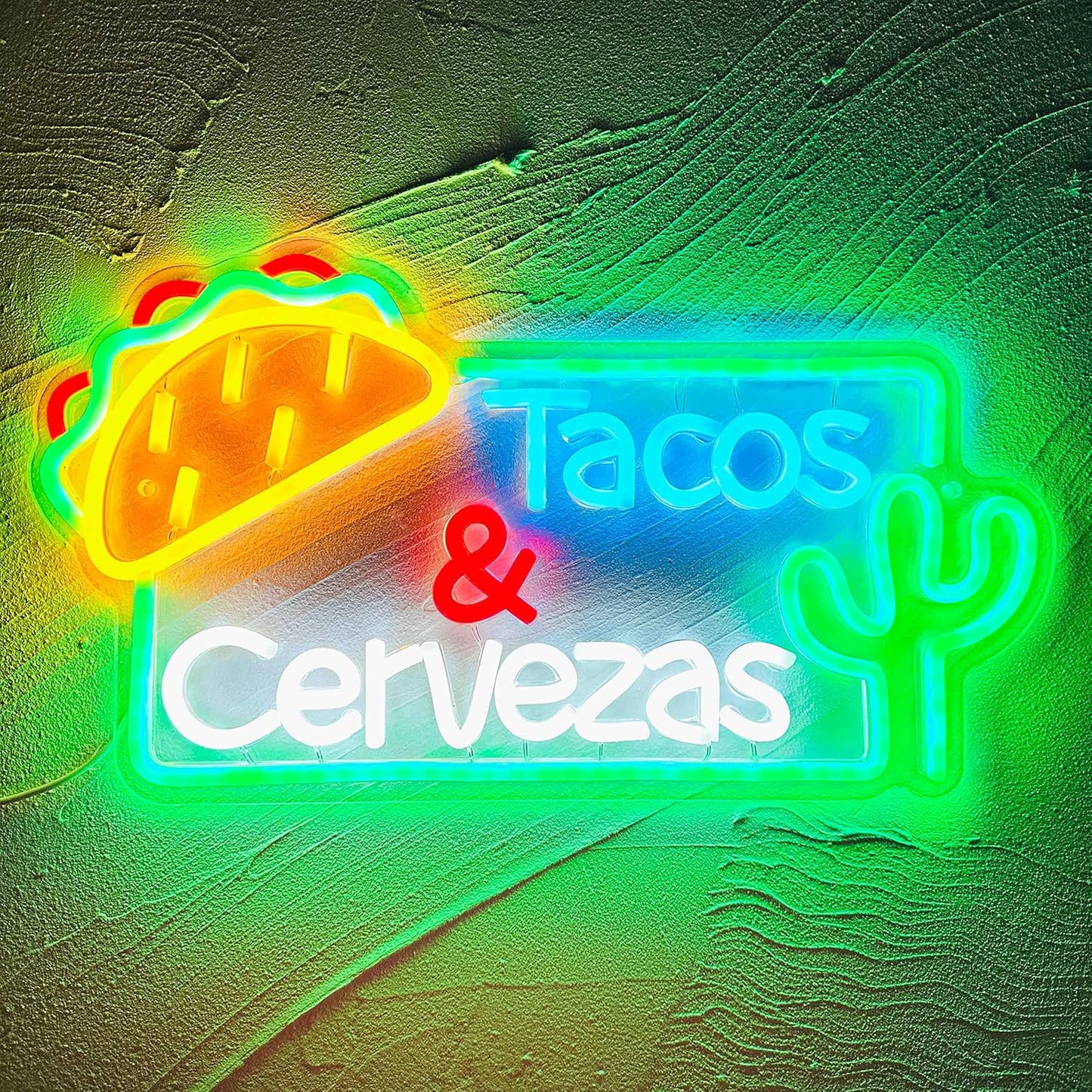 LED neon sign featuring the words Tacos Cervezas, perfect for Mexican restaurant or bar wall décor