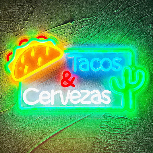 LED neon sign featuring the words Tacos Cervezas, perfect for Mexican restaurant or bar wall décor