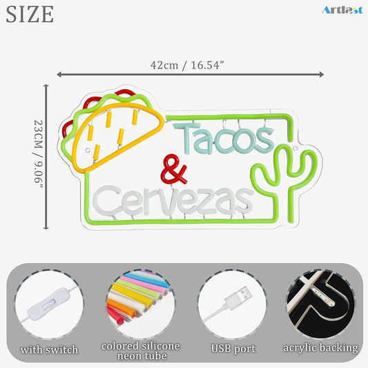 LED neon sign featuring the words Tacos Cervezas, perfect for Mexican restaurant or bar wall décor