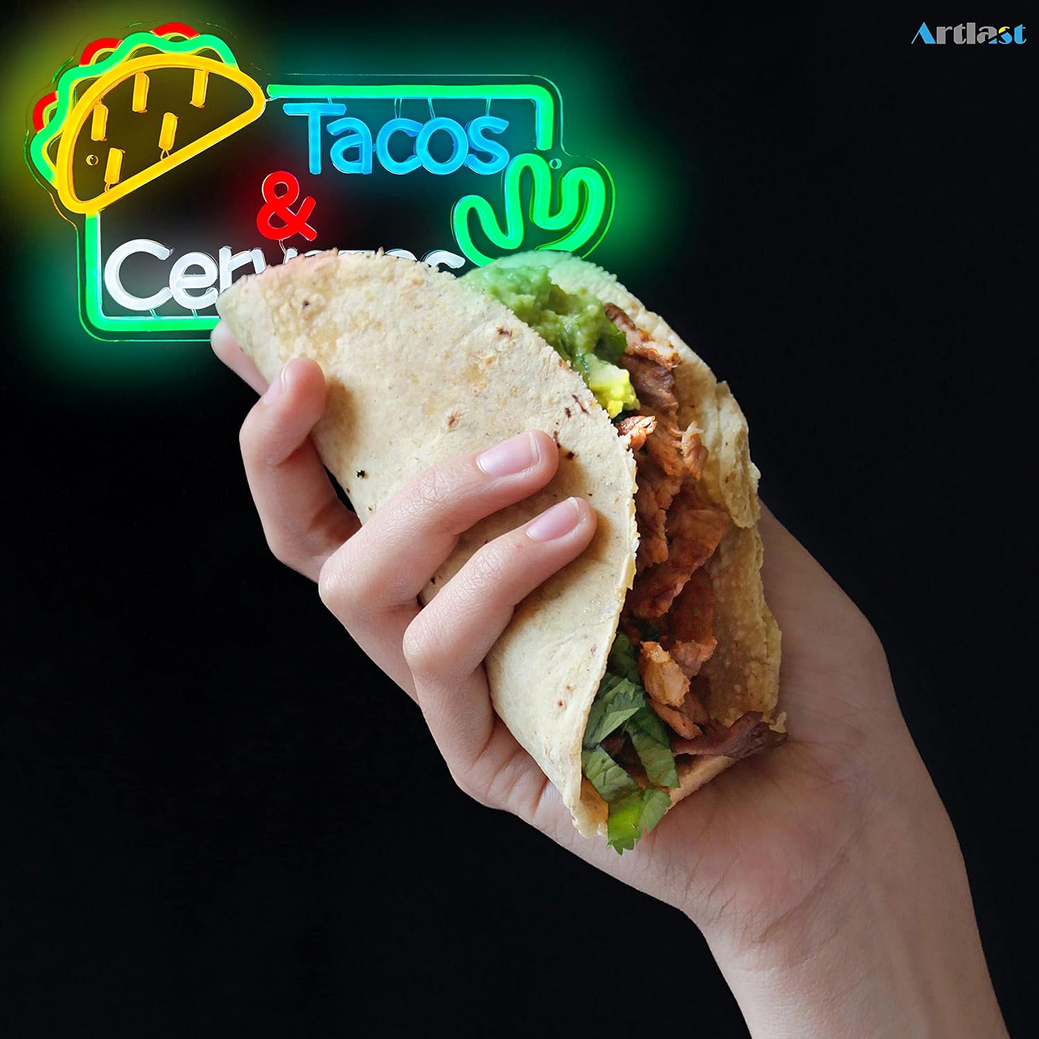 LED neon sign featuring the words Tacos Cervezas, perfect for Mexican restaurant or bar wall décor