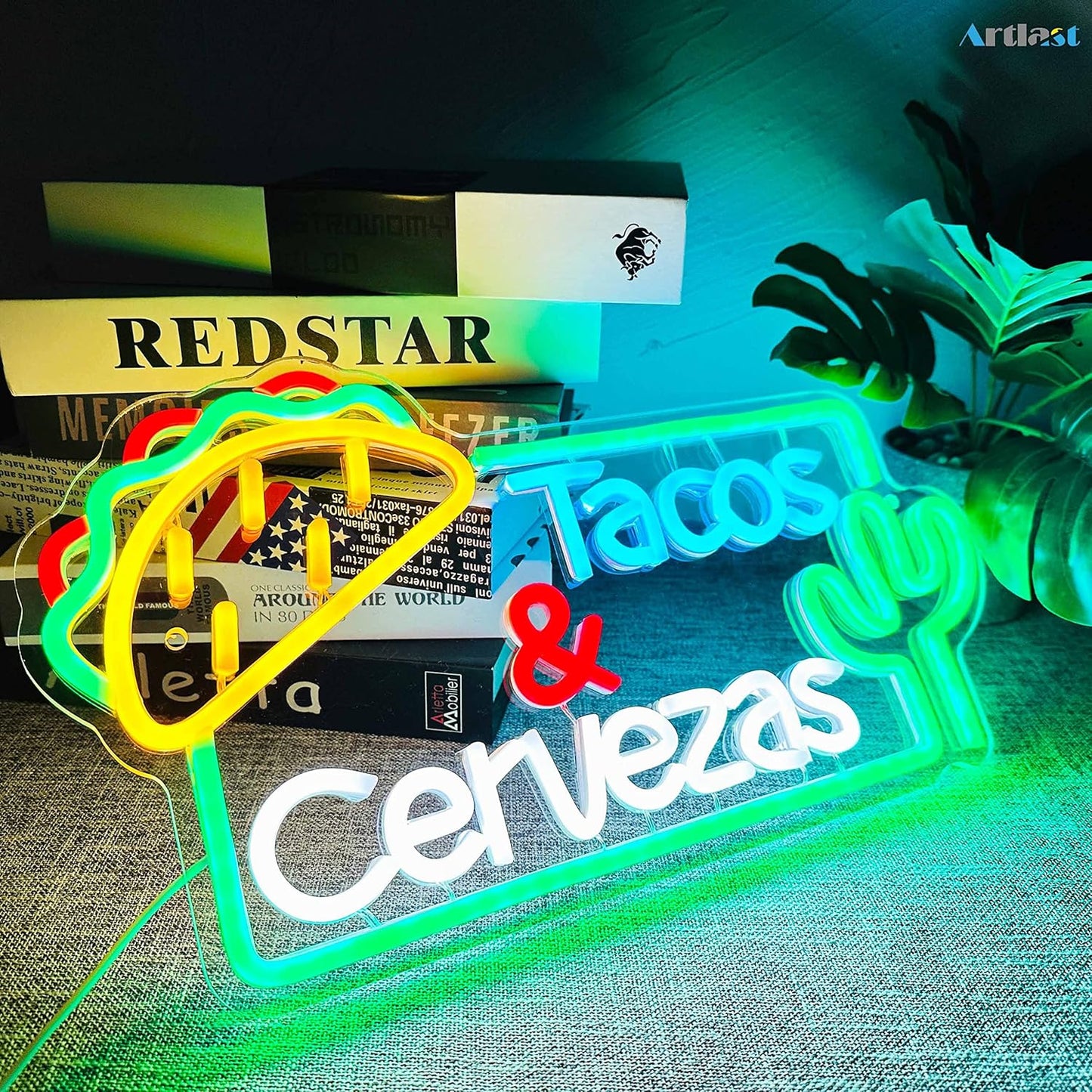 LED neon sign featuring the words Tacos Cervezas, perfect for Mexican restaurant or bar wall décor