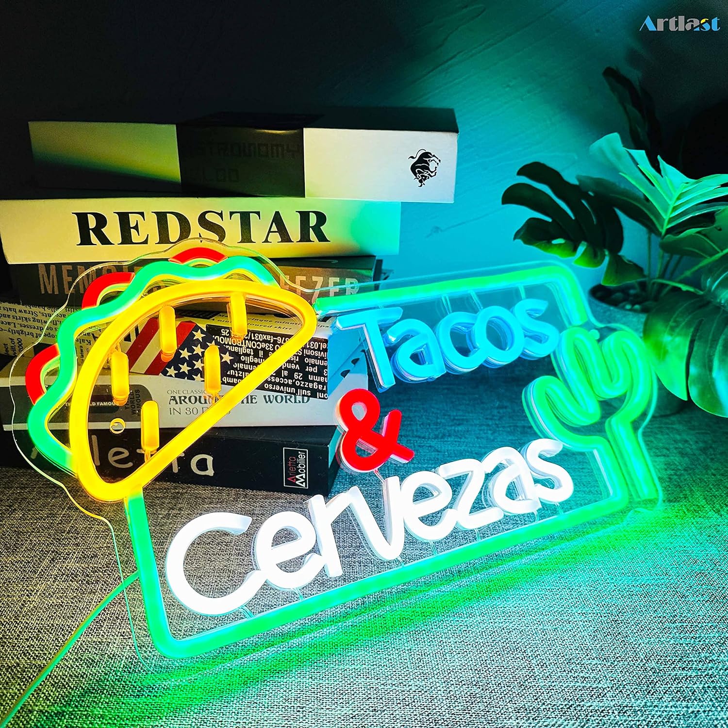 LED neon sign featuring the words Tacos Cervezas, perfect for Mexican restaurant or bar wall décor