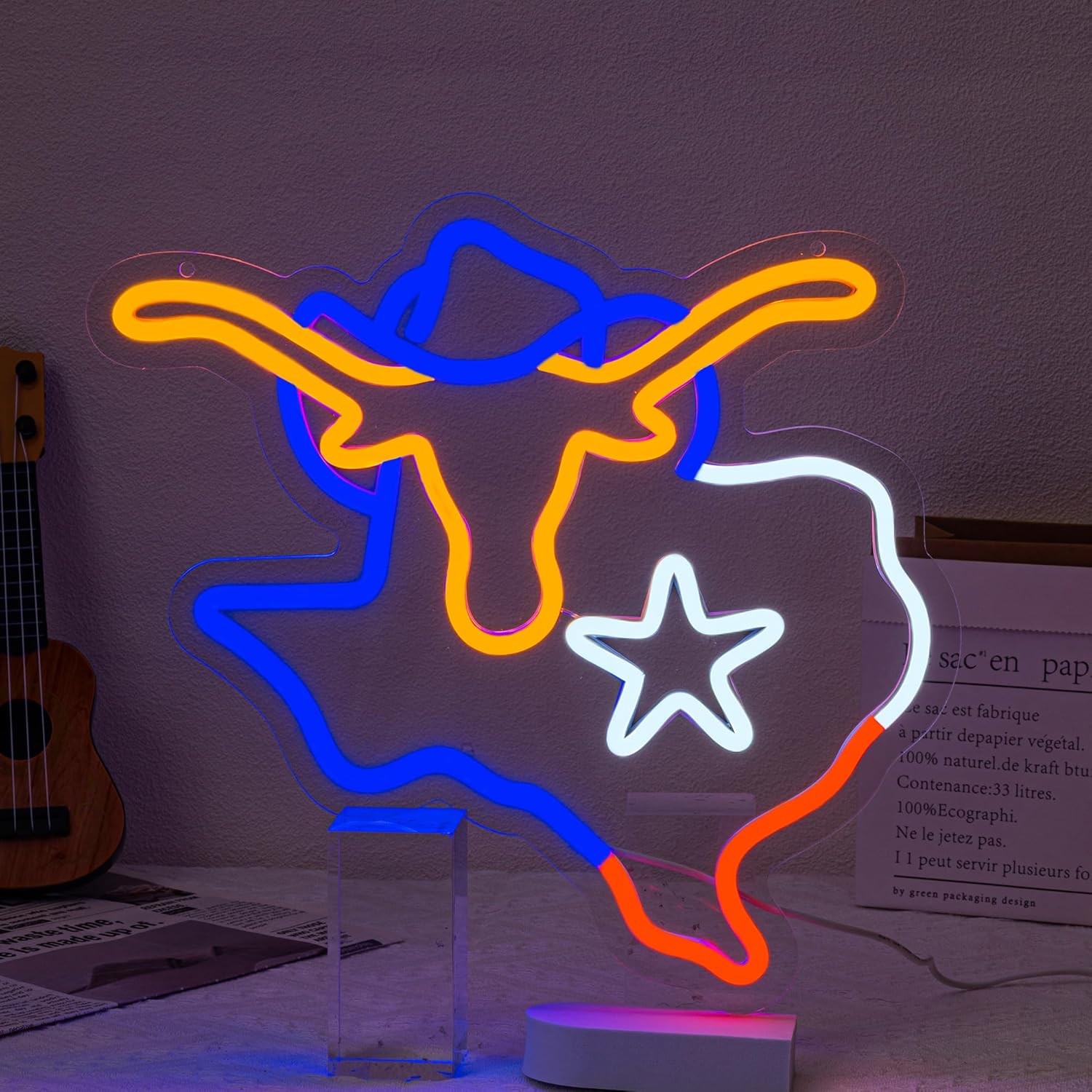 Colorful Texas longhorn bull neon sign in bright LED lights