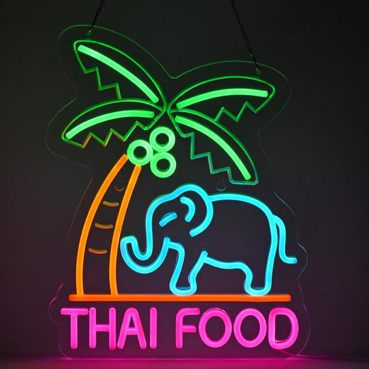 LED Thai food neon sign with elephant and palm tree design for restaurant decor