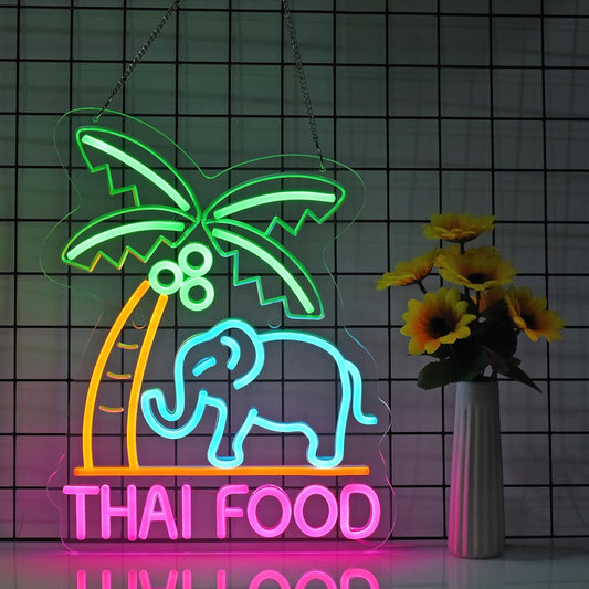 LED Thai food neon sign with elephant and palm tree design for restaurant decor