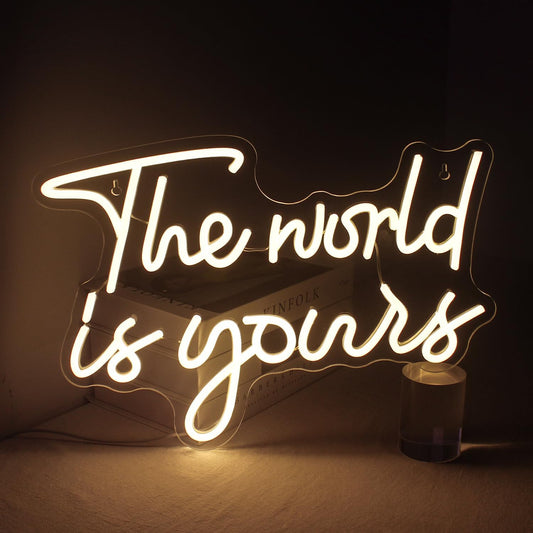 The world is your neon sign in warm white LED light, inspirational wall decor