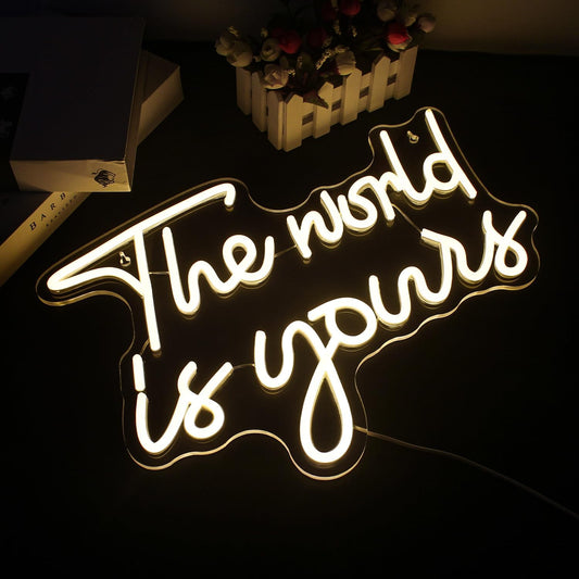 The world is your neon sign in warm white LED light, inspirational wall decor