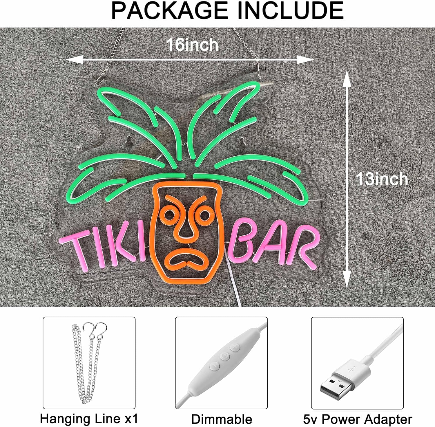 TIKI BAR neon sign with LED light – tropical decor for bar, home or beach party