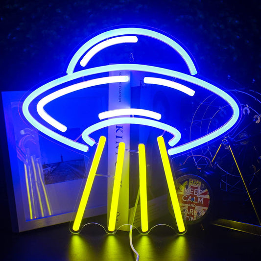 UFO neon sign – Glowing LED wall light for space lovers, alien-themed rooms, and futuristic decor setups
