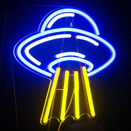 UFO neon sign – Glowing LED wall light for space lovers, alien-themed rooms, and futuristic decor setups