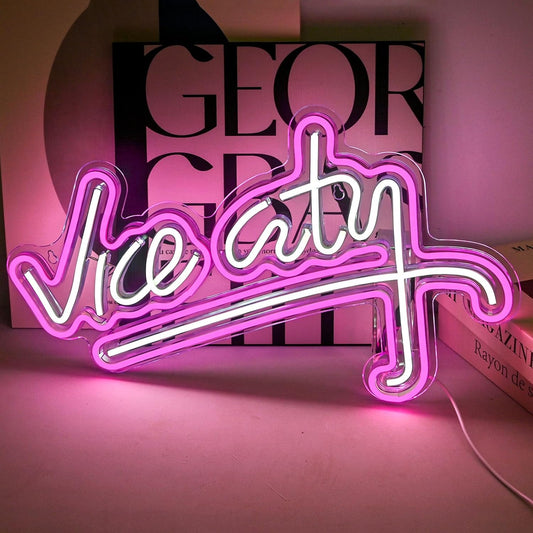 VICE CITY neon LED sign in pink and blue with retro Miami design aesthetic