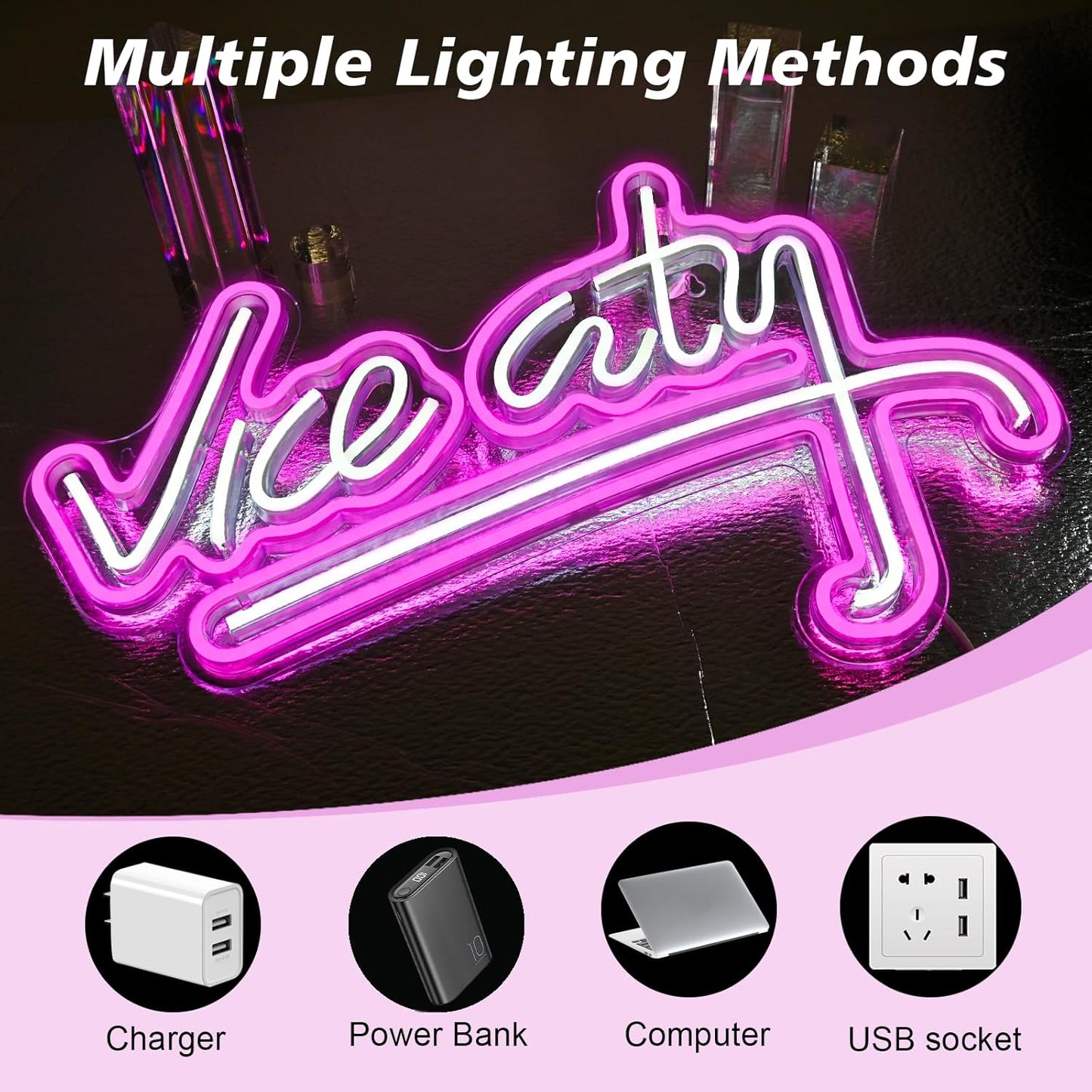 VICE CITY neon LED sign in pink and blue with retro Miami design aesthetic