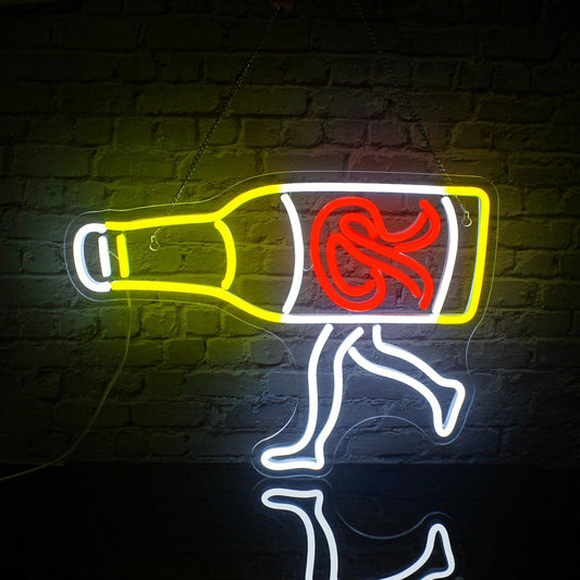 Funny Walking Beer Bottle Neon Sign – LED Wall Light for Bars, Man Caves & Game Rooms
