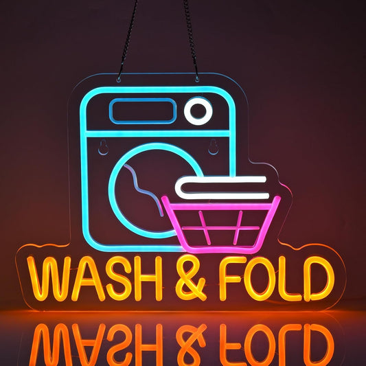 LED neon sign of a washing machine and laundry basket with “WASH & FOLD” text