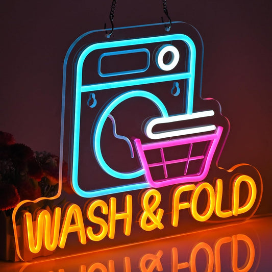 LED neon sign of a washing machine and laundry basket with “WASH & FOLD” text