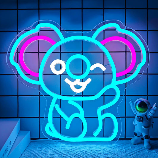 Waving koala neon sign with LED lights for kids room or animal-themed decor