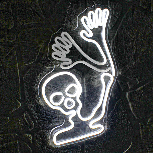 Waving skeleton neon sign with white LED glow and UV printed acrylic design