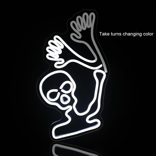 Waving skeleton neon sign with white LED glow and UV printed acrylic design