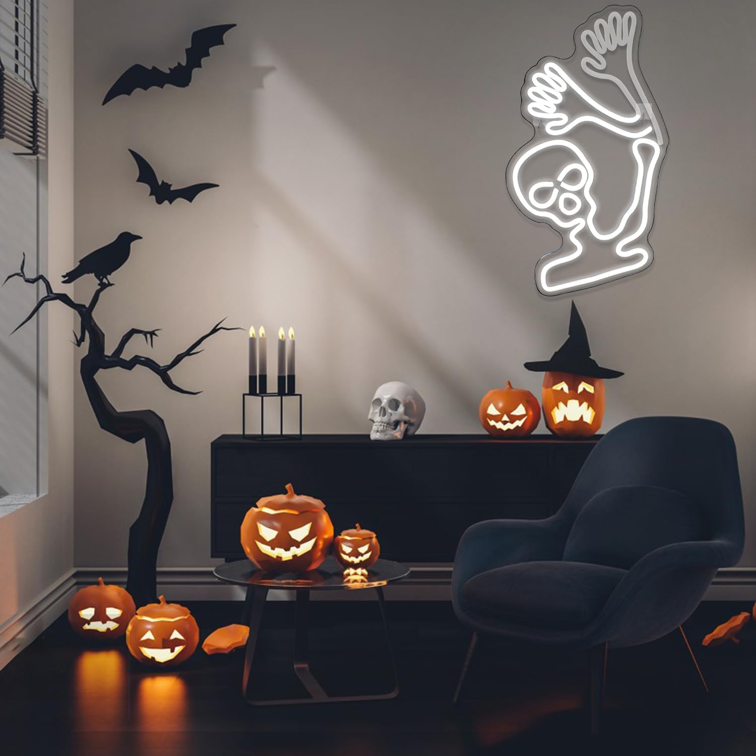 Waving skeleton neon sign with white LED glow and UV printed acrylic design