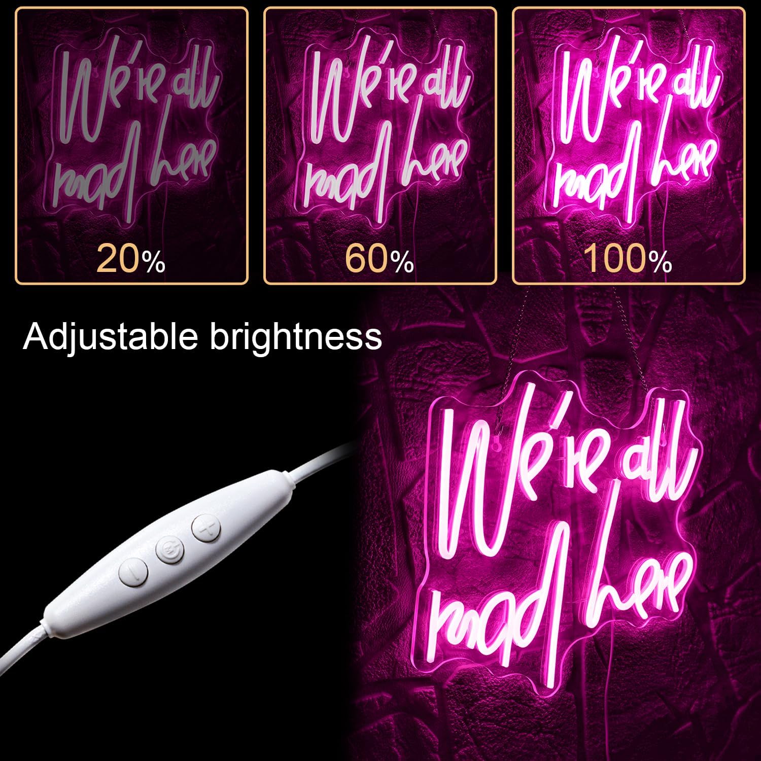 Wonderland-inspired neon sign with quote “We’re all mad here” in glowing LED