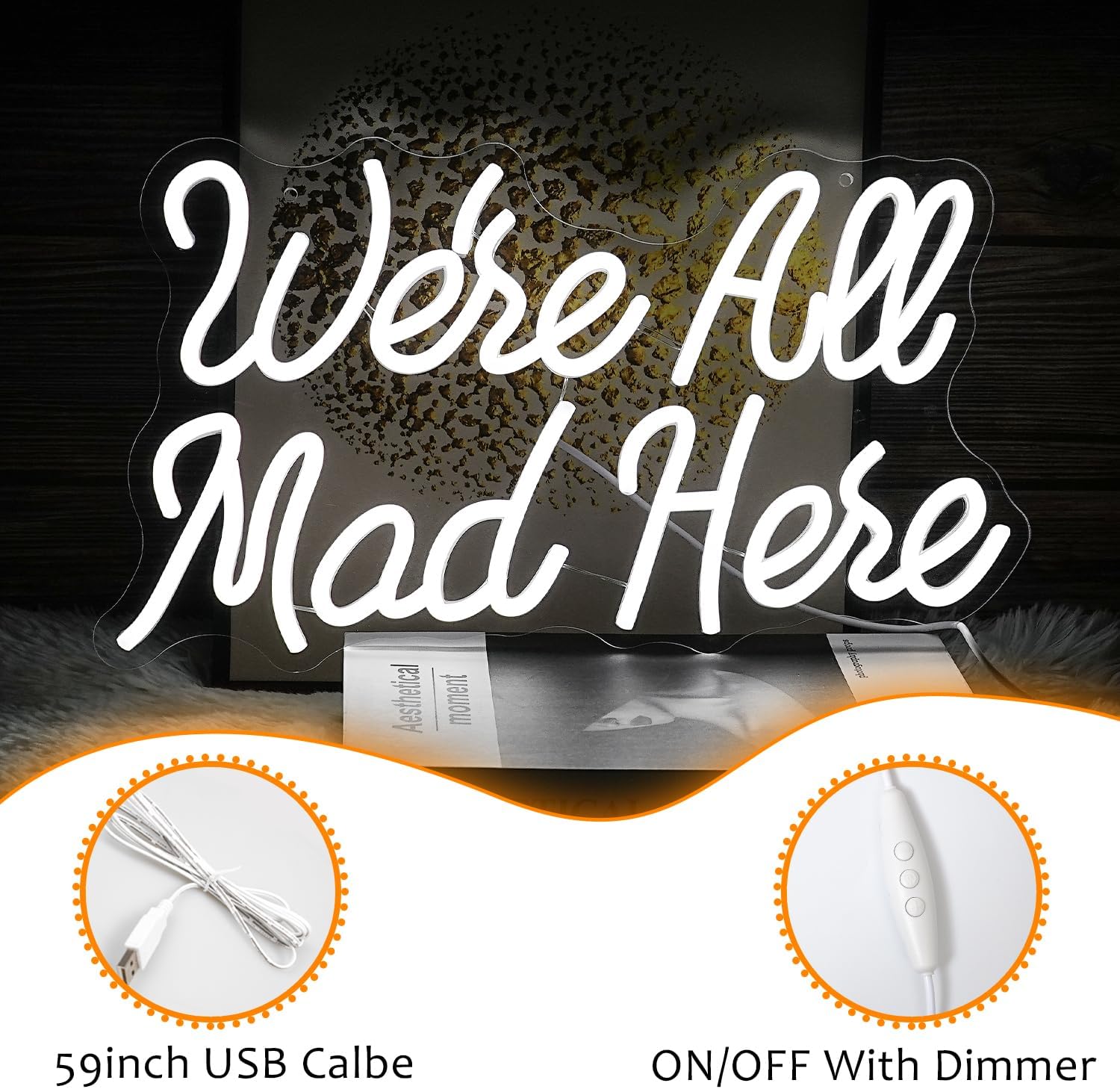 White LED neon sign with ‘We’re All Mad Here’ text – fun wall decor inspired by Alice in Wonderland