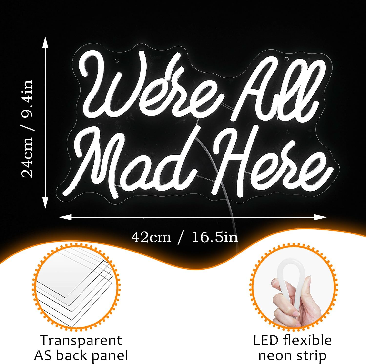 White LED neon sign with ‘We’re All Mad Here’ text – fun wall decor inspired by Alice in Wonderland