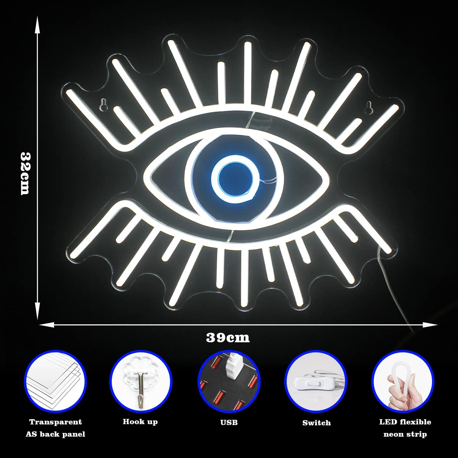 White Eye Neon Sign - LED Wall Hanging Light for Home, Bar, and Aesthetic Decor - Deen neon