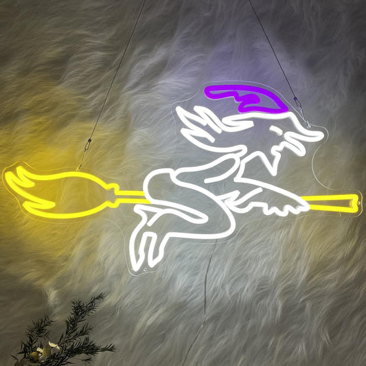 Witch on Broom Neon Sign – Halloween Decor LED Light