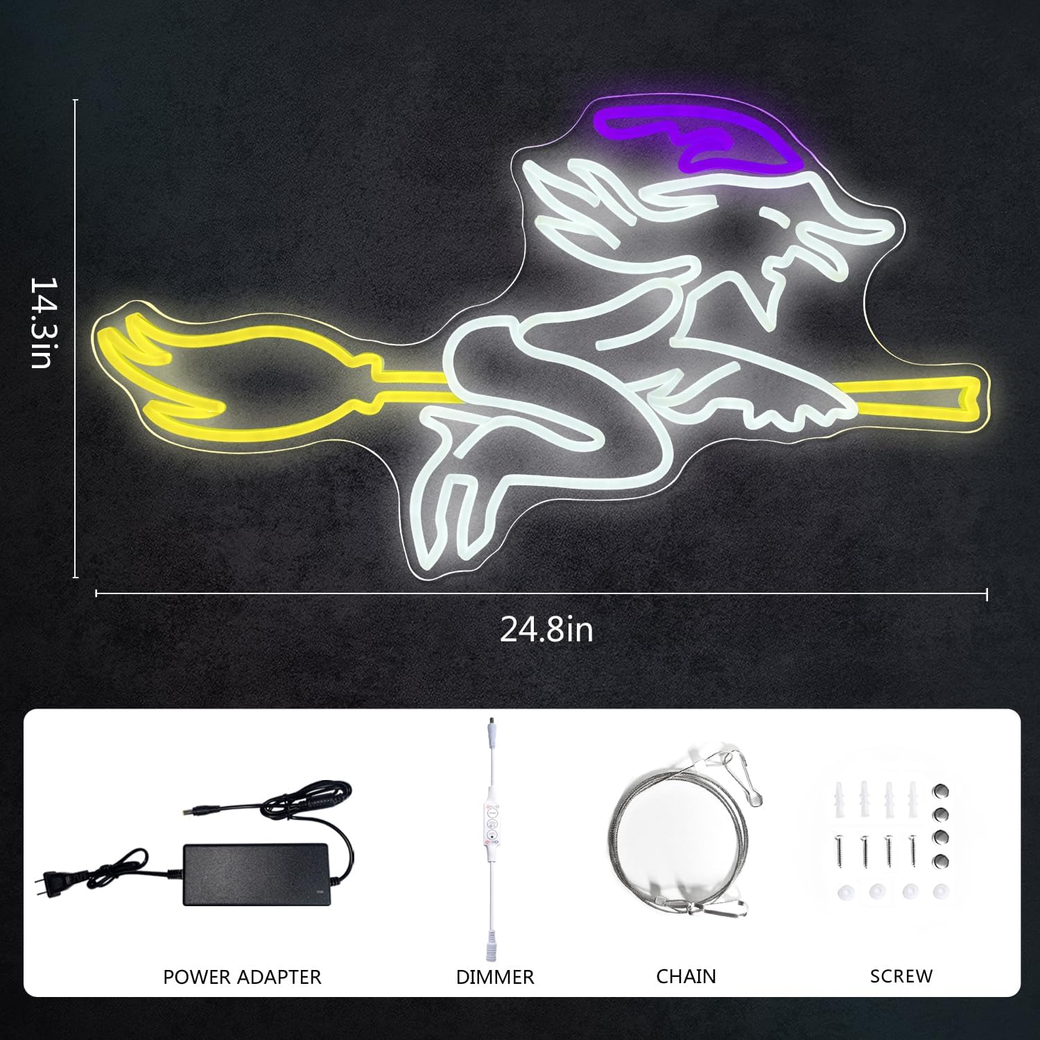 Witch on Broom Neon Sign – Halloween Decor LED Light
