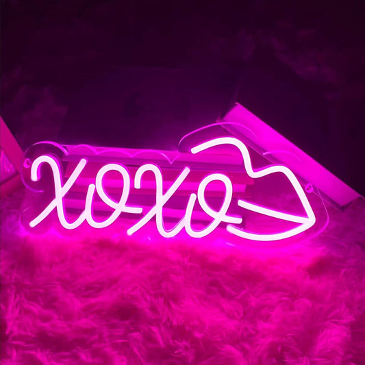 Pink XOXO and lips neon sign – romantic LED wall light for bedroom or gifts

