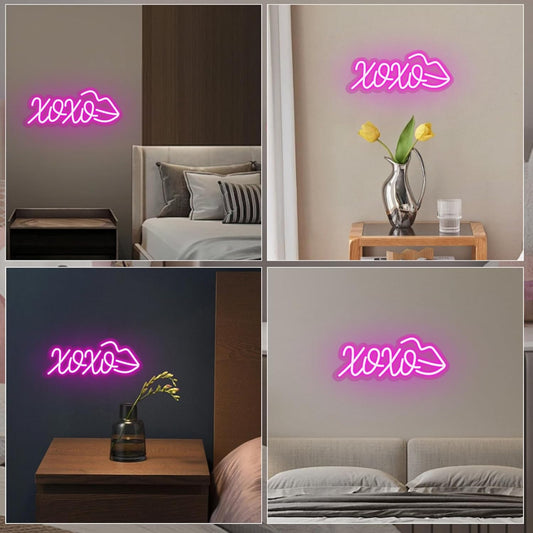 Pink XOXO and lips neon sign – romantic LED wall light for bedroom or gifts

