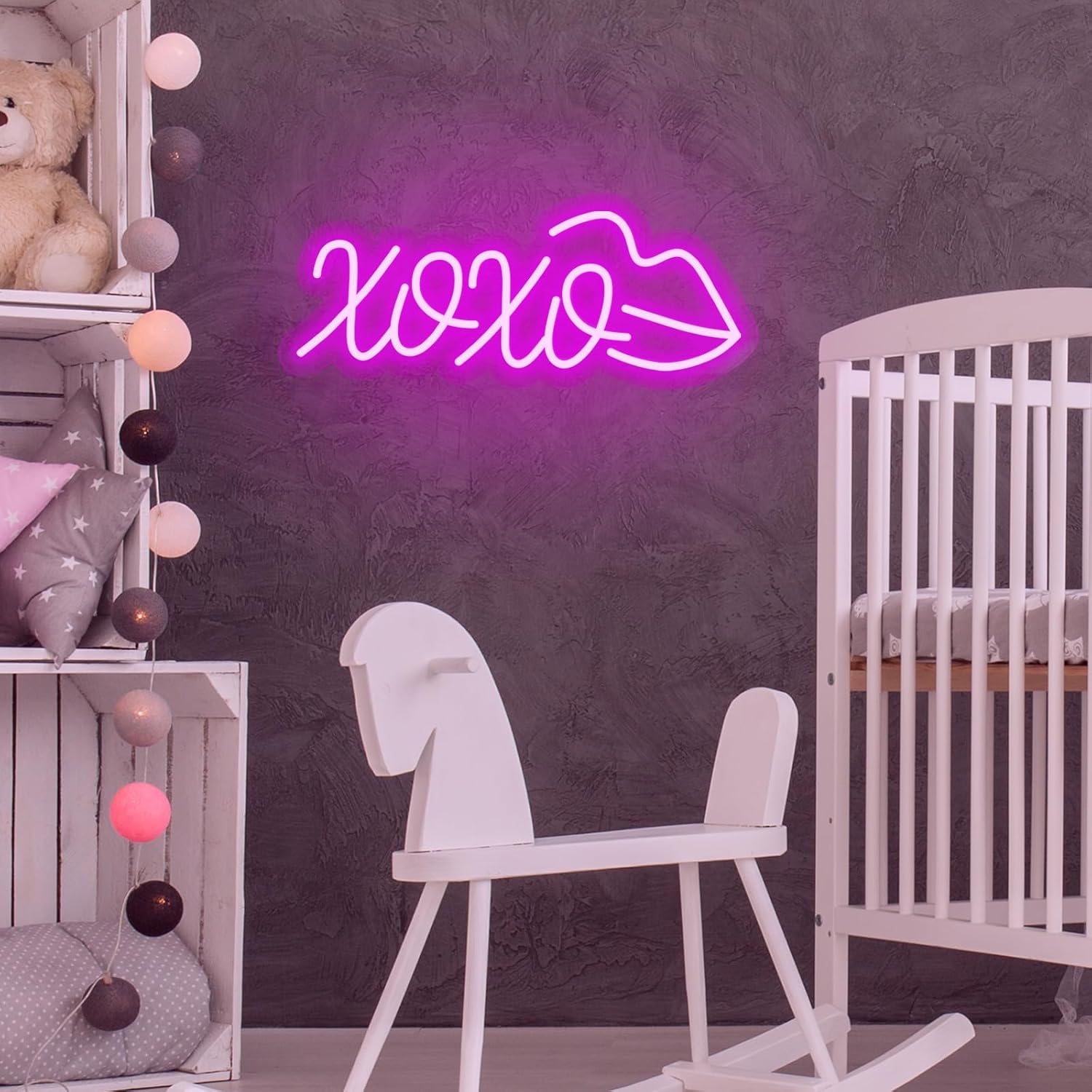 Pink XOXO and lips neon sign – romantic LED wall light for bedroom or gifts

