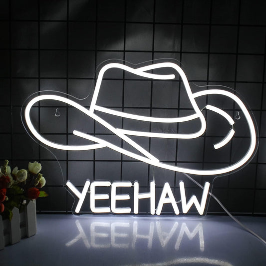 Yeehaw Cowboy Hat Neon Sign - White LED Light for Western Bar & Room Decor - Deen neon