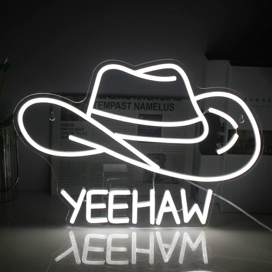 Yeehaw Cowboy Hat Neon Sign - White LED Light for Western Bar & Room Decor - Deen neon
